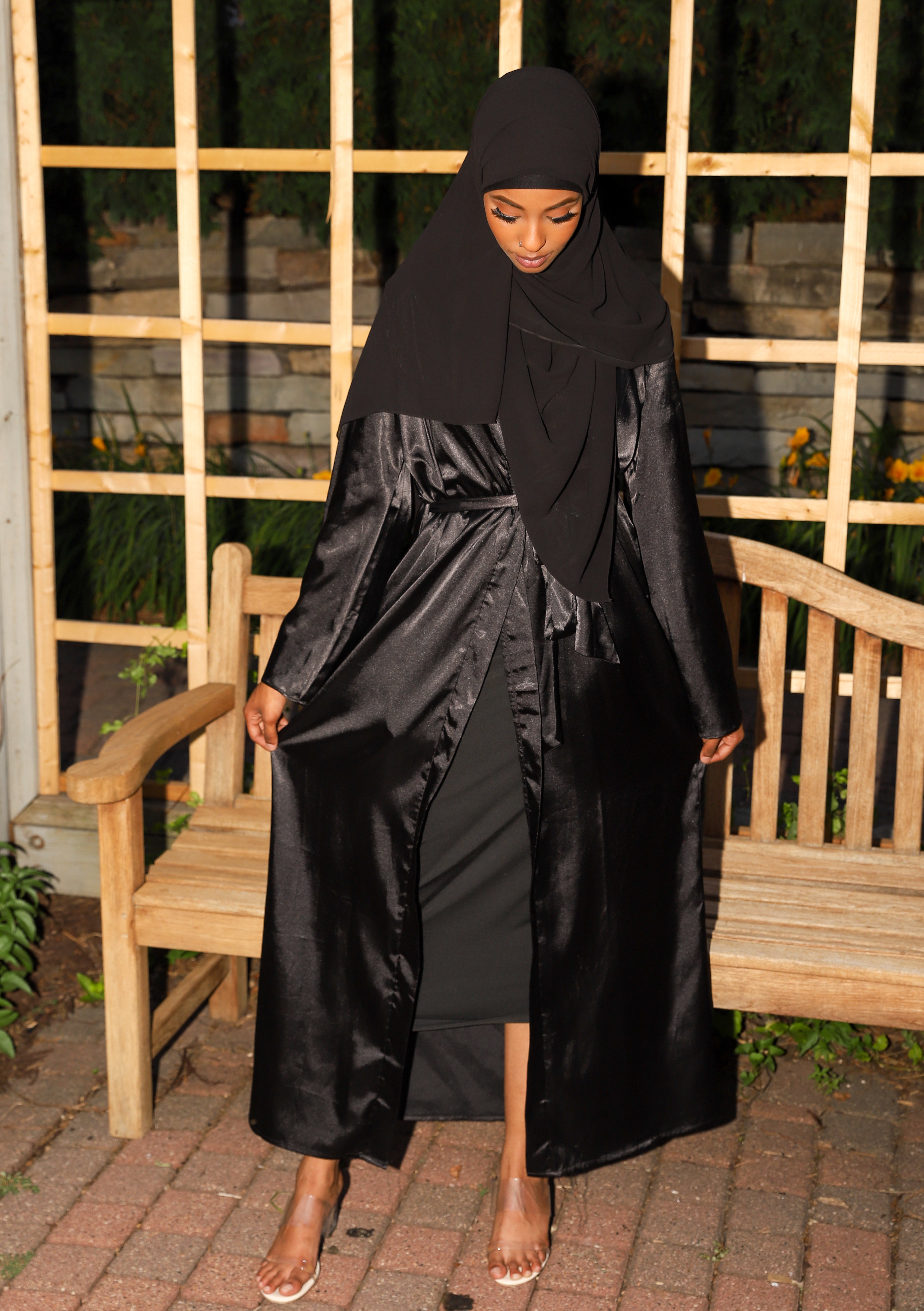 Black Satin Open Abaya – Leonura Glow